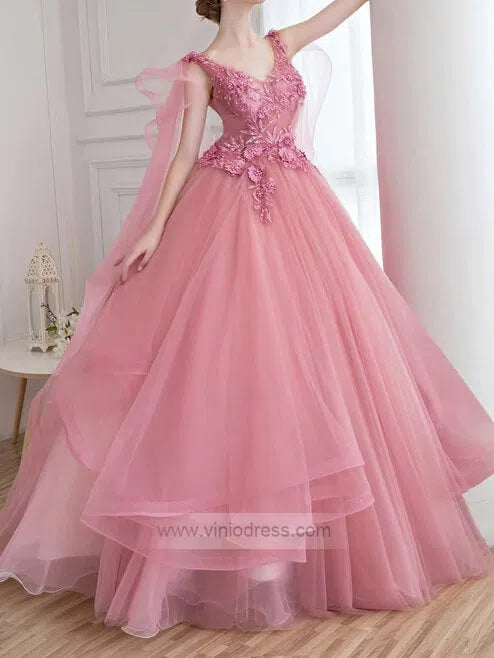 Rose Pink Quinceanera Dress Cape Sleeve Sweet 15 Dress FD1012 viniodress-prom dresses-Viniodress-Viniodress