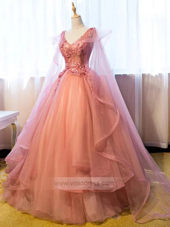 Rose Pink Quinceanera Dress Cape Sleeve Sweet 15 Dress FD1012 viniodress-prom dresses-Viniodress-Pink-Custom Size-Viniodress