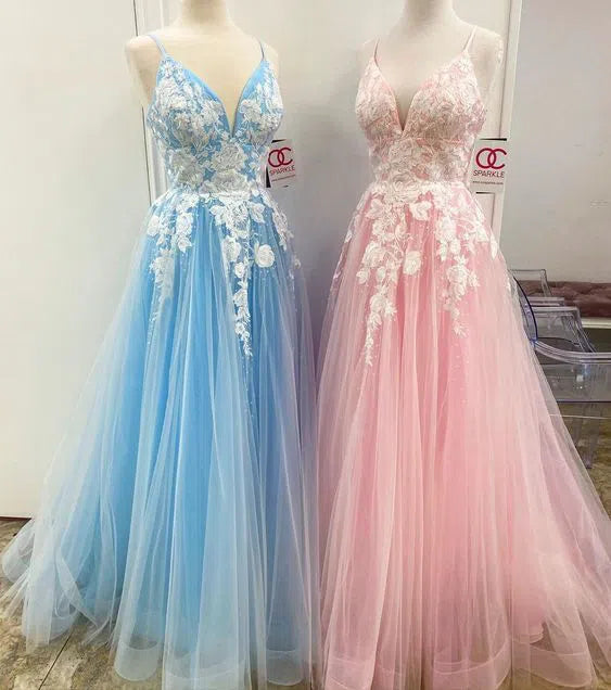 Rose Pink Spaghetti Strap Prom Dresses White Lace Appliqued Formal Dress FD2002-prom dresses 2025 -Viniodress-Light Blue-Custom Size-