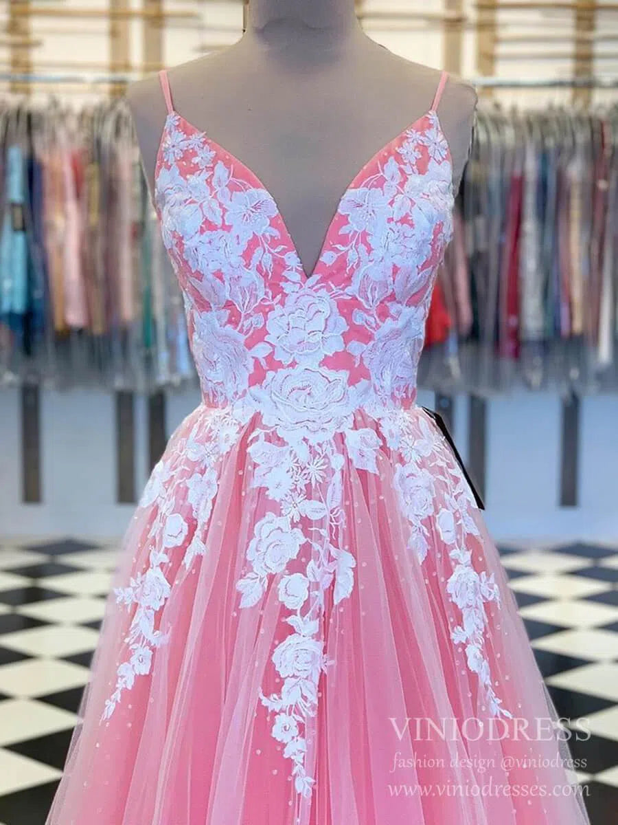 Rose Pink Spaghetti Strap Prom Dresses White Lace Appliqued Formal Dress FD2002-prom dresses 2025 -Viniodress-Rose Pink-Custom Size-