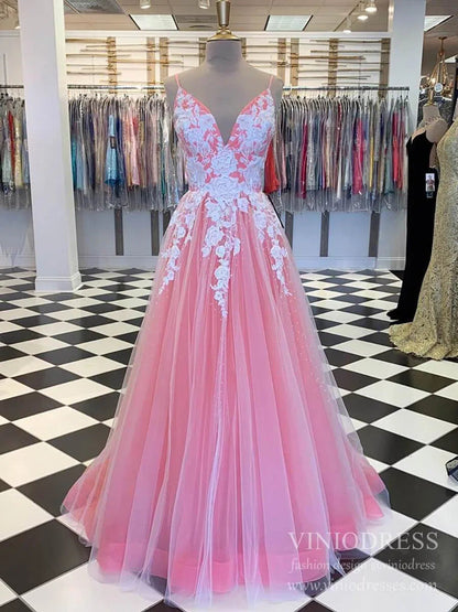 Rose Pink Spaghetti Strap Prom Dresses White Lace Appliqued Formal Dress FD2002-prom dresses 2025 -Viniodress-Rose Pink-Custom Size-