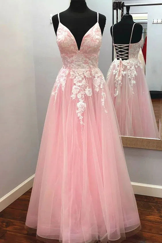 Prom Dress 2025 Rose Pink Spaghetti Strap Prom Dresses White Lace Appliqued Formal Dress FD2002-unique prom dresses-Blush Pink-Custom Size-Viniodress