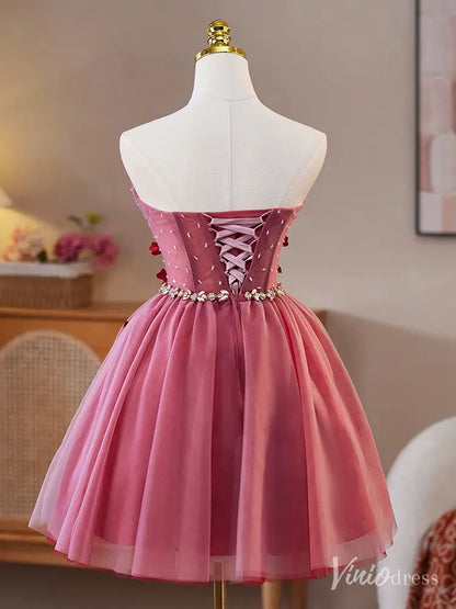 Rose Pink Strapless Homecoming Dress with Red Petal Appliqués and Rhinestone Waist – BJ077-prom dresses 2025 -Viniodress-Pink-Custom Size-