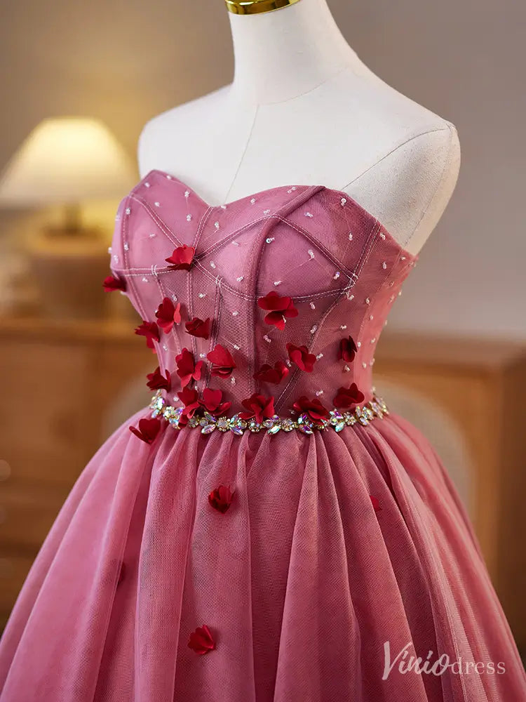 Rose Pink Strapless Homecoming Dress with Red Petal Appliqués and Rhinestone Waist – BJ077-prom dresses 2025 -Viniodress-Pink-Custom Size-