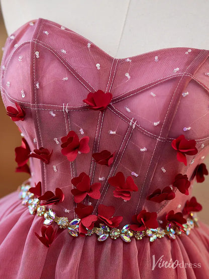 Rose Pink Strapless Homecoming Dress with Red Petal Appliqués and Rhinestone Waist – BJ077-prom dresses 2025 -Viniodress-Pink-Custom Size-