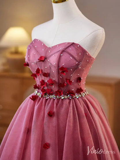 Rose Pink Strapless Homecoming Dress with Red Petal Appliqués and Rhinestone Waist – BJ077-prom dresses 2025 -Viniodress-Pink-Custom Size-