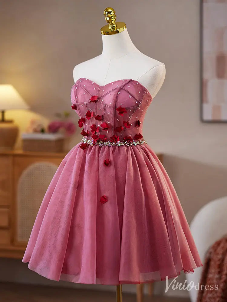 Rose Pink Strapless Homecoming Dress with Red Petal Appliqués and Rhinestone Waist – BJ077-prom dresses 2025 -Viniodress-Pink-Custom Size-