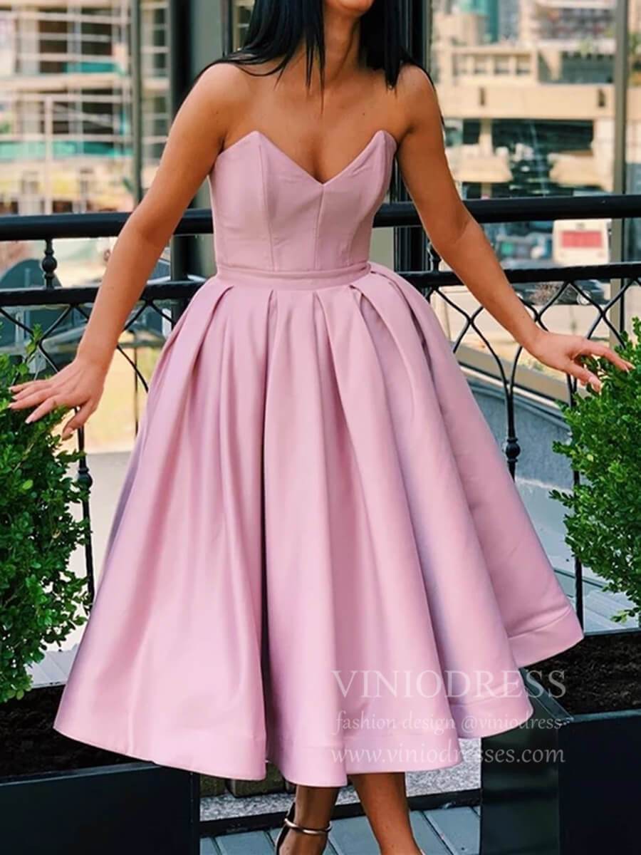 Rose Pink Strapless Tea Length Prom Dresses with Pockets SD1255-Homecoming Dresses 2025 -Viniodress-Pink-Custom Size-