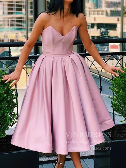 Rose Pink Strapless Tea Length Prom Dresses with Pockets SD1255-Homecoming Dresses 2025 -Viniodress-Pink-Custom Size-