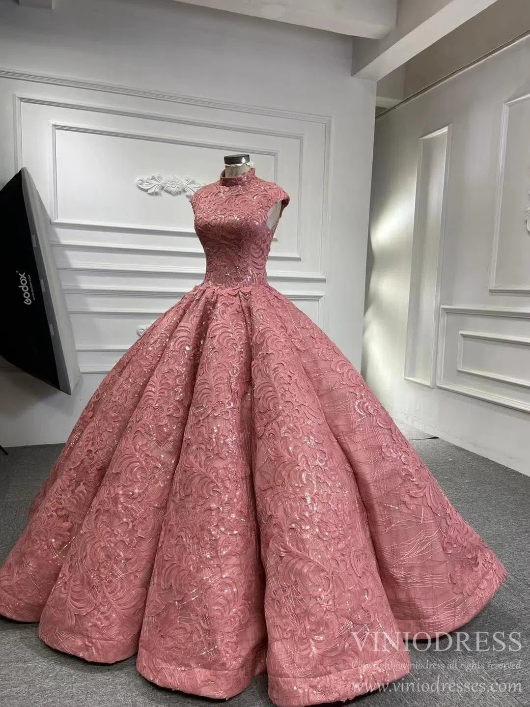 Rose Pink Sweet 16 Dress High Neck Ball Gown 66686 Cap Sleeve-Quinceanera Dresses 2025 -Viniodress-Pink-Custom Size-