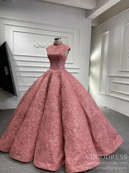 Rose Pink Sweet 16 Dress High Neck Ball Gown 66686 Cap Sleeve-Quinceanera Dresses 2025 -Viniodress-Pink-Custom Size-
