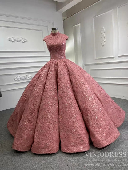 Rose Pink Sweet 16 Dress High Neck Ball Gown 66686 Cap Sleeve-Quinceanera Dresses 2025 -Viniodress-Pink-Custom Size-