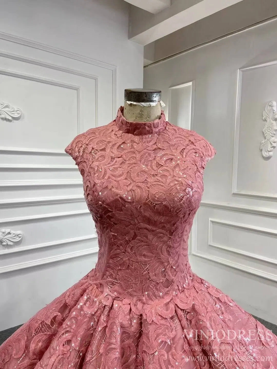 Quinceanera Dresses 2025 Rose Pink Sweet 16 Dress High Neck Ball Gown 66686 Cap Sleeve-plus size wedding dresses Viniodress-Pink-Custom Size-