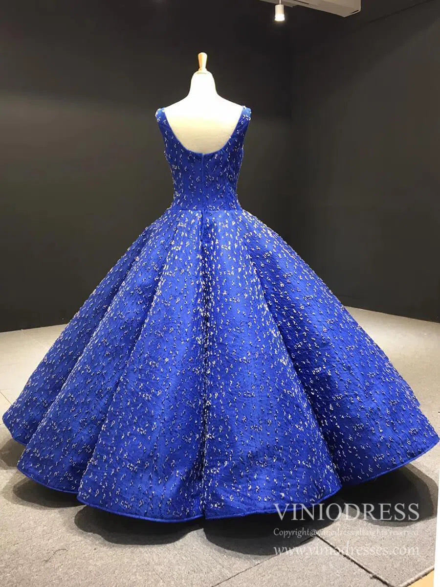 Royal Blue Beaded Couture Formal Dresses Wide Strap Quince Dress FD1117B viniodress-prom dresses 2025 -Viniodress-Royal Blue-Custom Size-