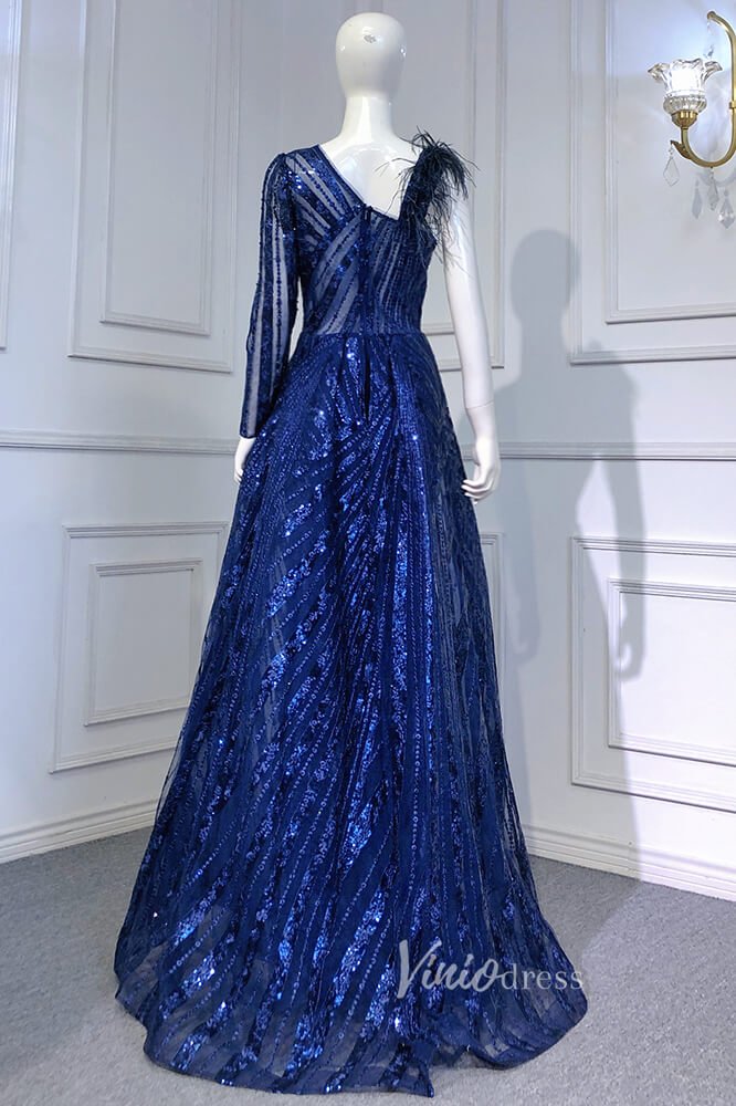 Royal Blue Beaded Evening Dresses One Shoulder Prom Dress FD3019-Evening Dresses 2025 -Viniodress-Royal Blue-US 2-