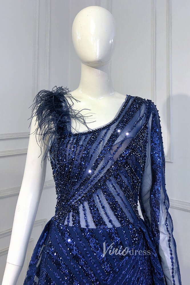 Royal Blue Beaded Evening Dresses One Shoulder Prom Dress FD3019-Evening Dresses 2025 -Viniodress-Royal Blue-US 2-