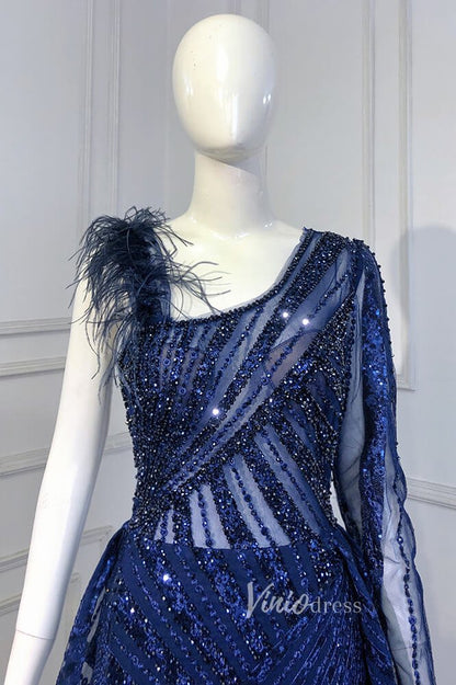 Royal Blue Beaded Evening Dresses One Shoulder Prom Dress FD3019-Evening Dresses 2025 -Viniodress-Royal Blue-US 2-