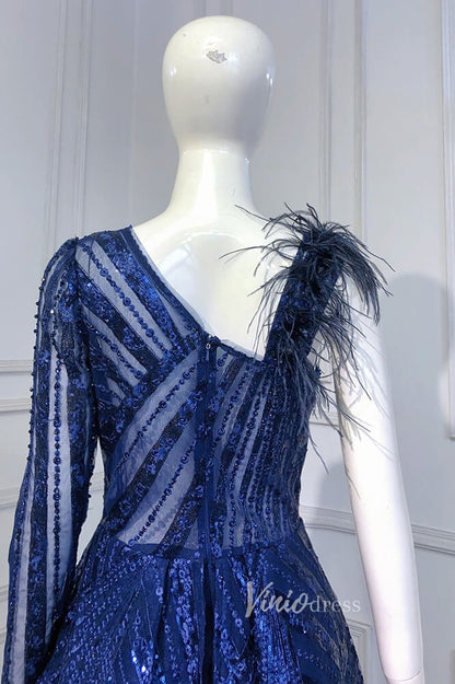 Royal Blue Beaded Evening Dresses One Shoulder Prom Dress FD3019-Evening Dresses 2025 -Viniodress-Royal Blue-US 2-