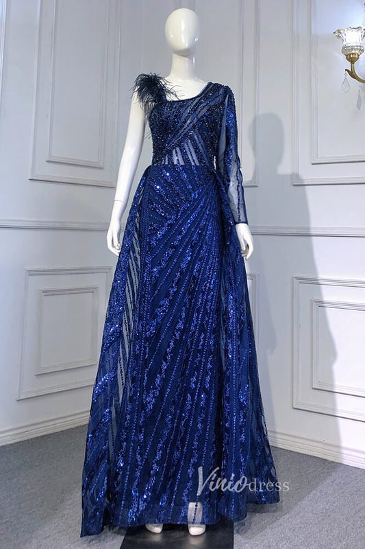 Royal Blue Beaded Evening Dresses One Shoulder Prom Dress FD3019-Evening Dresses 2025 -Viniodress-Royal Blue-US 2-