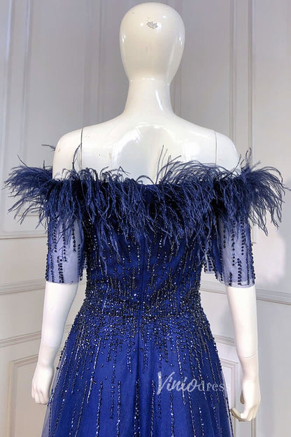 Royal Blue Beaded Feather Evening Dresses Short Sleeve Prom Dress FD30 –  Viniodress