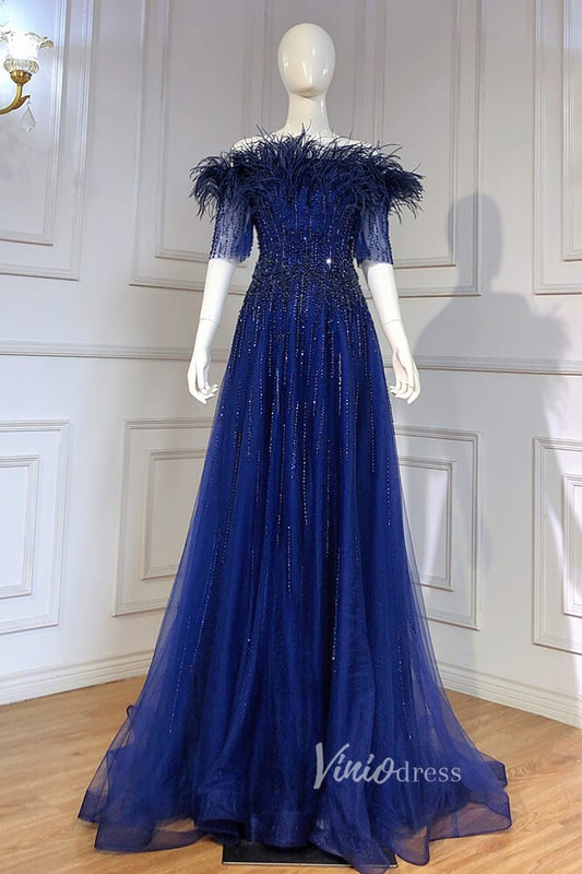 Royal Blue Beaded Feather Evening Dresses Short Sleeve Prom Dress FD3007-prom dresses 2025 -Viniodress-Royal Blue-US 2-