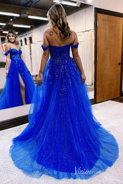 Royal Blue Beaded Lace Prom Dresses with Slit Off the Shoulder Formal Gown FD4052-prom dresses 2025 -Viniodress-Royal Blue-Custom Size-