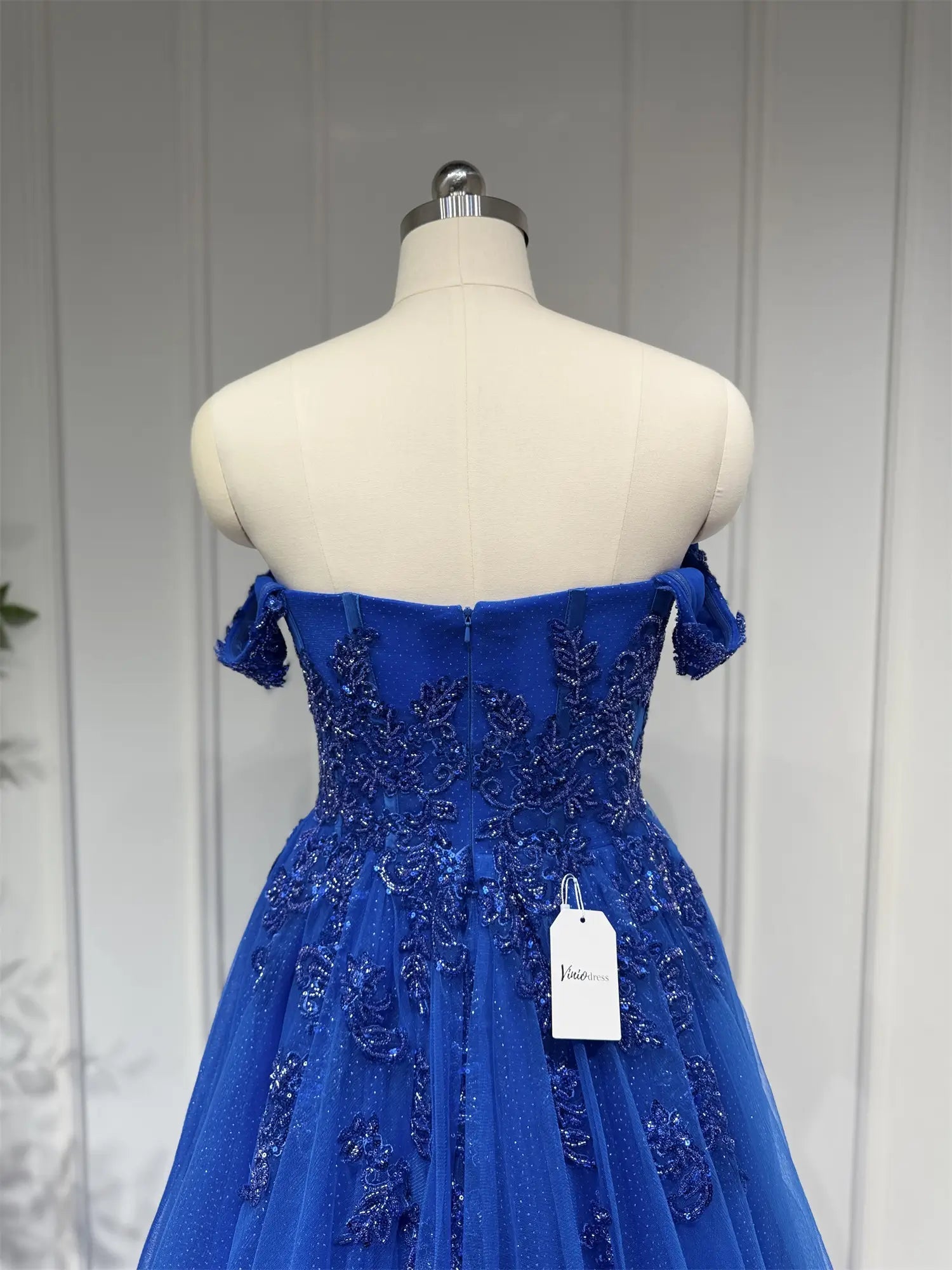 Royal Blue Beaded Lace Prom Dresses with Slit Off the Shoulder Formal Gown FD4052-prom dresses 2025 -Viniodress-Royal Blue-Custom Size-