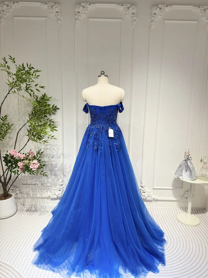 Royal Blue Beaded Lace Prom Dresses with Slit Off the Shoulder Formal Gown FD4052-prom dresses 2025 -Viniodress-Royal Blue-Custom Size-