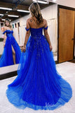 Royal Blue Beaded Lace Prom Dresses with Slit Off the Shoulder Formal Gown FD4052-prom dresses-Viniodress-Viniodress