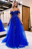 Royal Blue Beaded Lace Prom Dresses with Slit Off the Shoulder Formal Gown FD4052-prom dresses-Viniodress-Viniodress