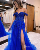 Royal Blue Beaded Lace Prom Dresses with Slit Off the Shoulder Formal Gown FD4052-prom dresses-Viniodress-Viniodress