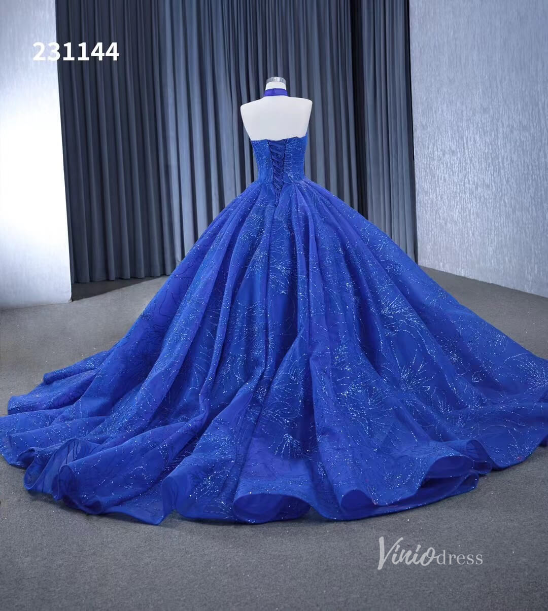 Royal Blue Beaded Lace Wedding Gown Halter Neck Quinceanera Dress 231144-Quinceanera Dresses 2025 -Viniodress-Royal Blue-Custom Size-
