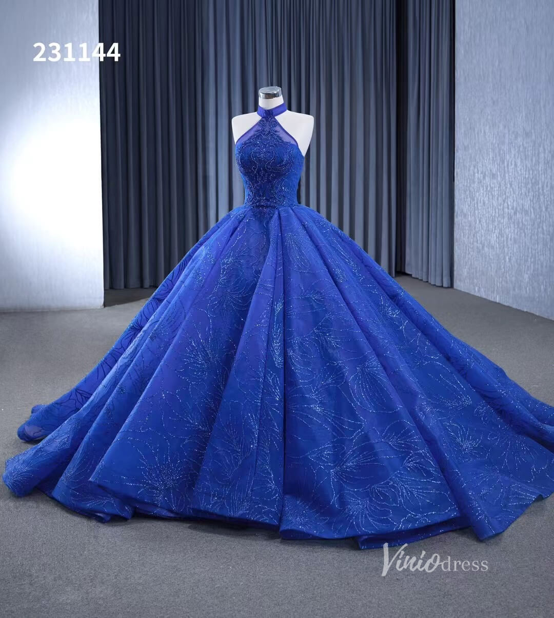Royal Blue Beaded Lace Wedding Gown Halter Neck Quinceanera Dress 231144-Quinceanera Dresses 2025 -Viniodress-Royal Blue-Custom Size-