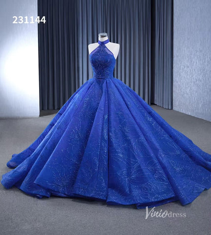 Royal Blue Beaded Lace Wedding Gown Halter Neck Quinceanera Dress 231144-Quinceanera Dresses 2025 -Viniodress-Royal Blue-Custom Size-