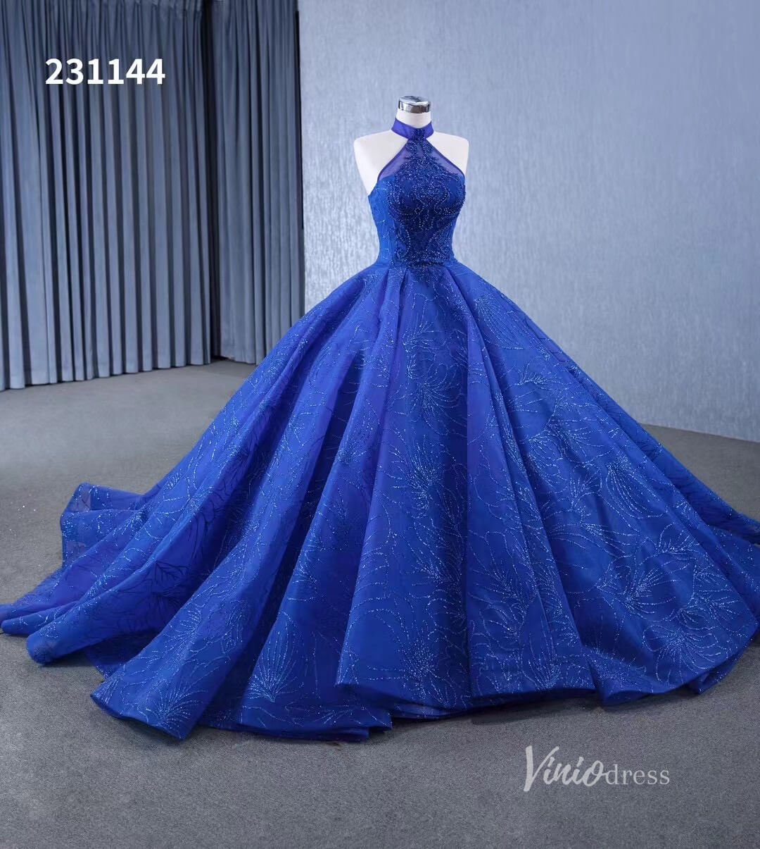 Royal Blue Beaded Lace Wedding Gown Halter Neck Quinceanera Dress 231144-Quinceanera Dresses 2025 -Viniodress-Royal Blue-Custom Size-