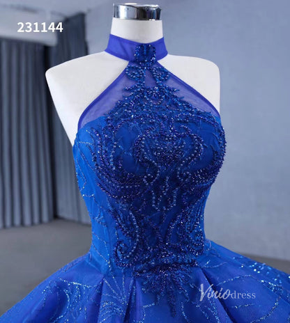 Royal Blue Beaded Lace Wedding Gown Halter Neck Quinceanera Dress 231144-Quinceanera Dresses 2025 -Viniodress-Royal Blue-Custom Size-