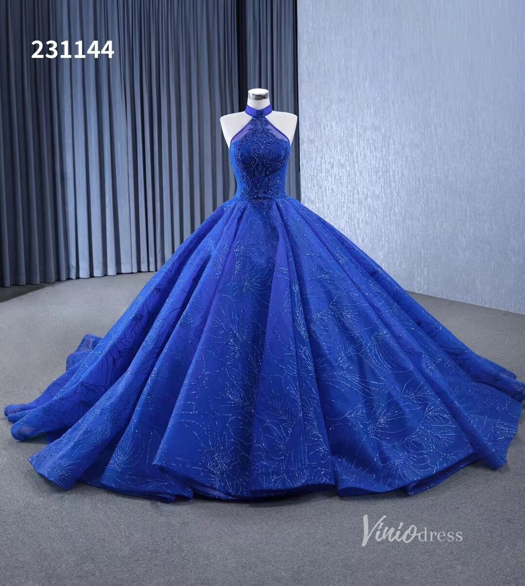 Royal Blue Beaded Lace Wedding Gown Halter Neck Quinceanera Dress 231144-Quinceanera Dresses 2025 -Viniodress-Royal Blue-Custom Size-