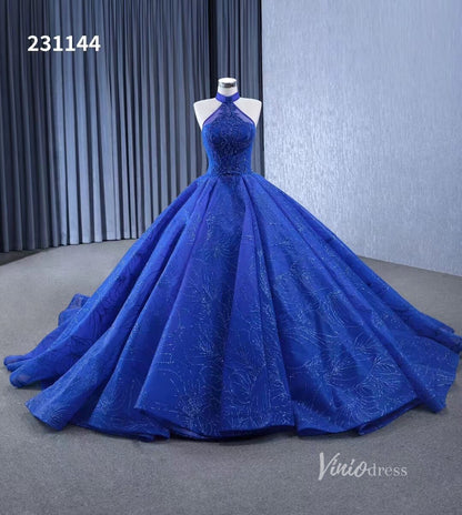 Royal Blue Beaded Lace Wedding Gown Halter Neck Quinceanera Dress 231144-Quinceanera Dresses 2025 -Viniodress-Royal Blue-Custom Size-