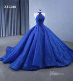 Royal Blue Beaded Lace Wedding Gown Halter Neck Quinceanera Dress 231144-Quinceanera Dresses-Viniodress-Viniodress