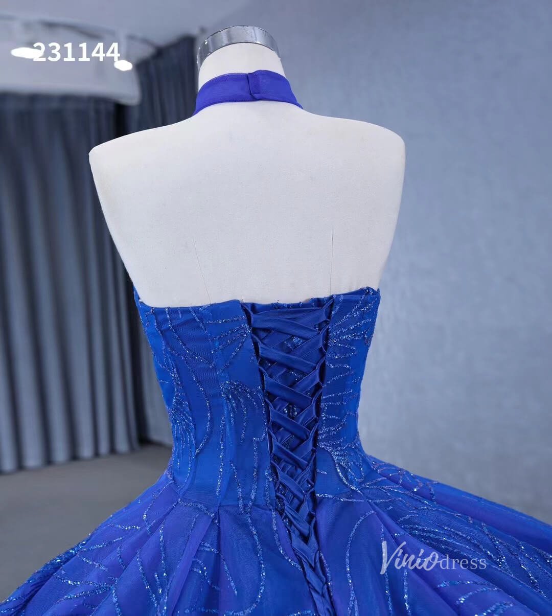 Royal Blue Beaded Lace Wedding Gown Halter Neck Quinceanera Dress 231144 - ViniodressQuinceanera DressesRoyal BlueCustom Size - Formal Dresses - Ball Gowns