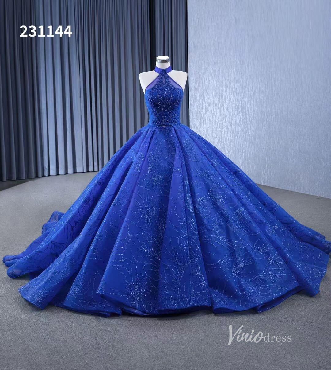 Royal Blue Beaded Lace Wedding Gown Halter Neck Quinceanera Dress 231144-Quinceanera Dresses-Viniodress-Royal Blue-Custom Size-Viniodress