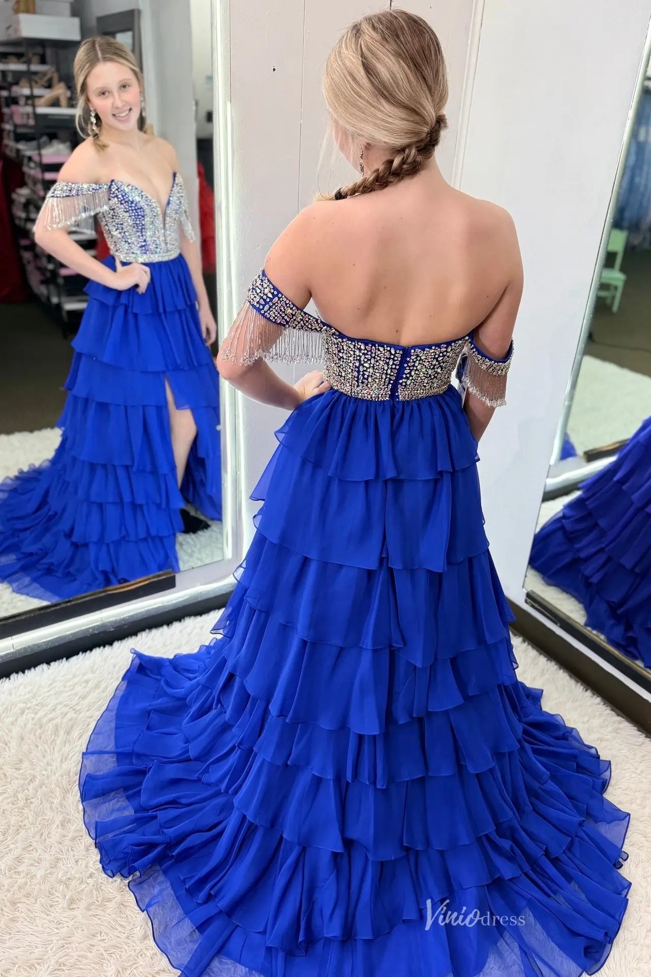 Royal Blue Beaded Off-the-Shoulder Prom Dress with Ruffle Skirt & High Slit – RF205-prom dresses 2026-Viniodress-Blue-Custom Size-
