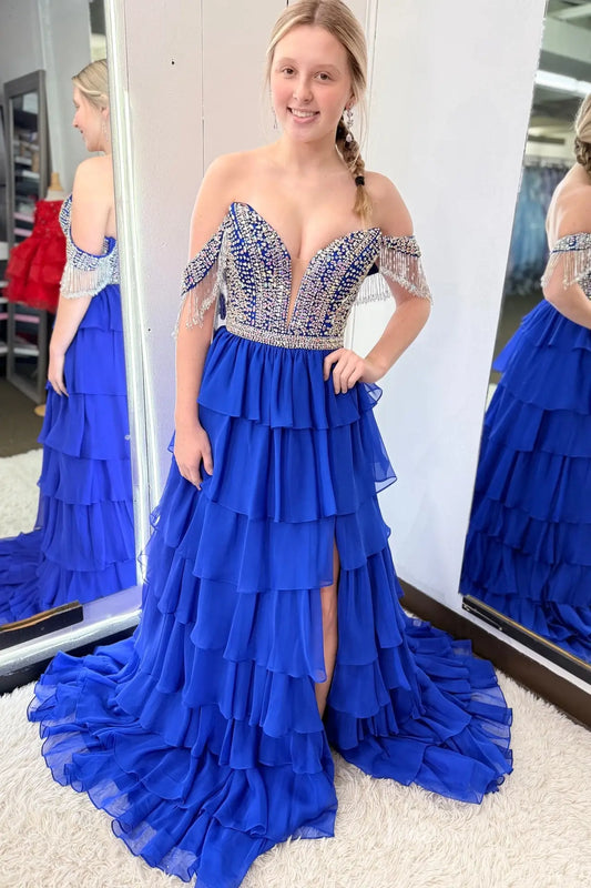 Royal Blue Beaded Off-the-Shoulder Prom Dress with Ruffle Skirt & High Slit – RF205-prom dresses 2026-Viniodress-Blue-Custom Size-