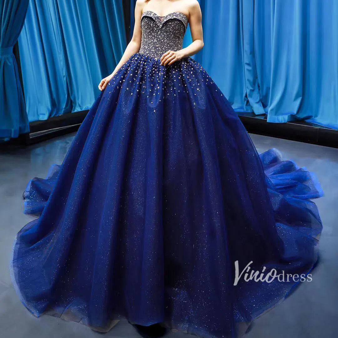 Royal Blue Beaded Prom Dresses Handmade Quinceanera Dress 66818 viniodress-prom dresses-Viniodress-Viniodress