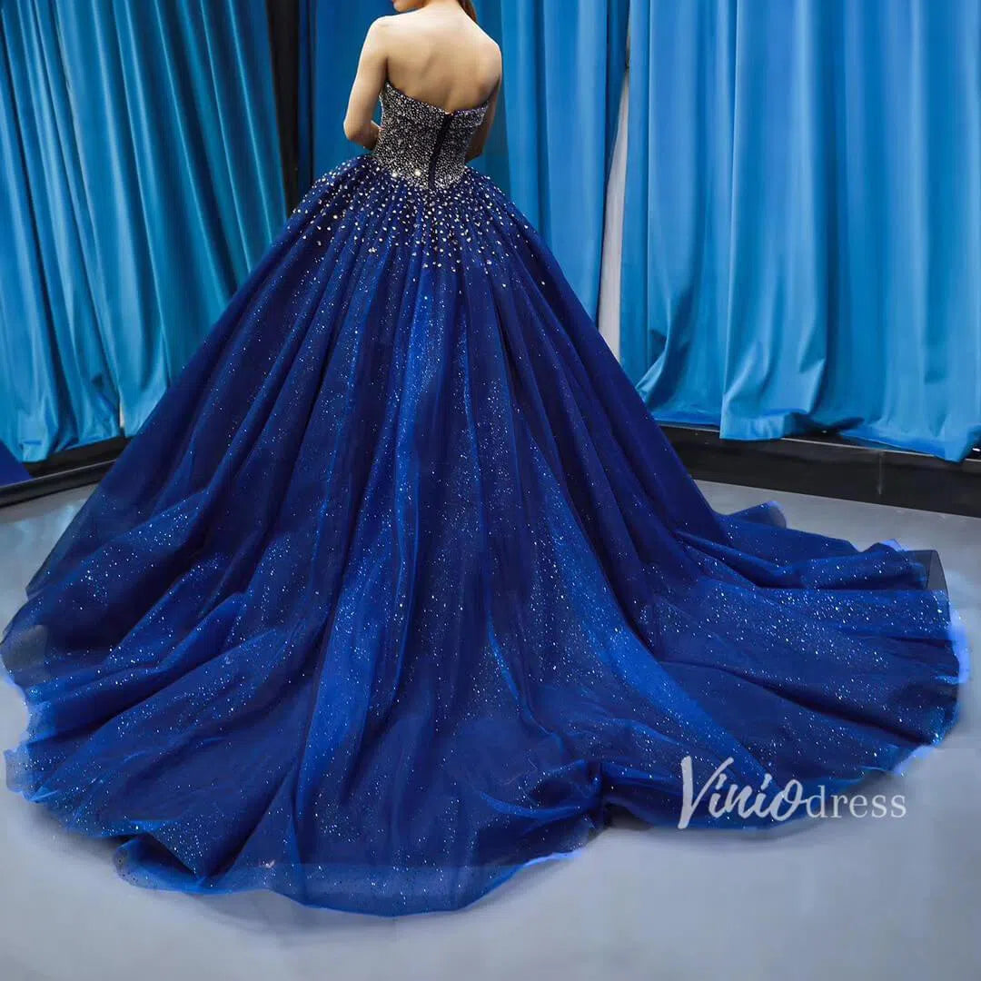 Royal Blue Beaded Prom Dresses Handmade Quinceanera Dress 66818 viniodress-prom dresses-Viniodress-Viniodress