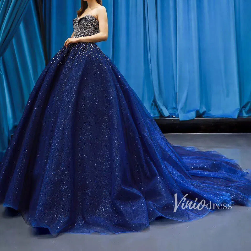 Royal Blue Beaded Prom Dresses Handmade Quinceanera Dress 66818 viniodress-prom dresses-Viniodress-Viniodress