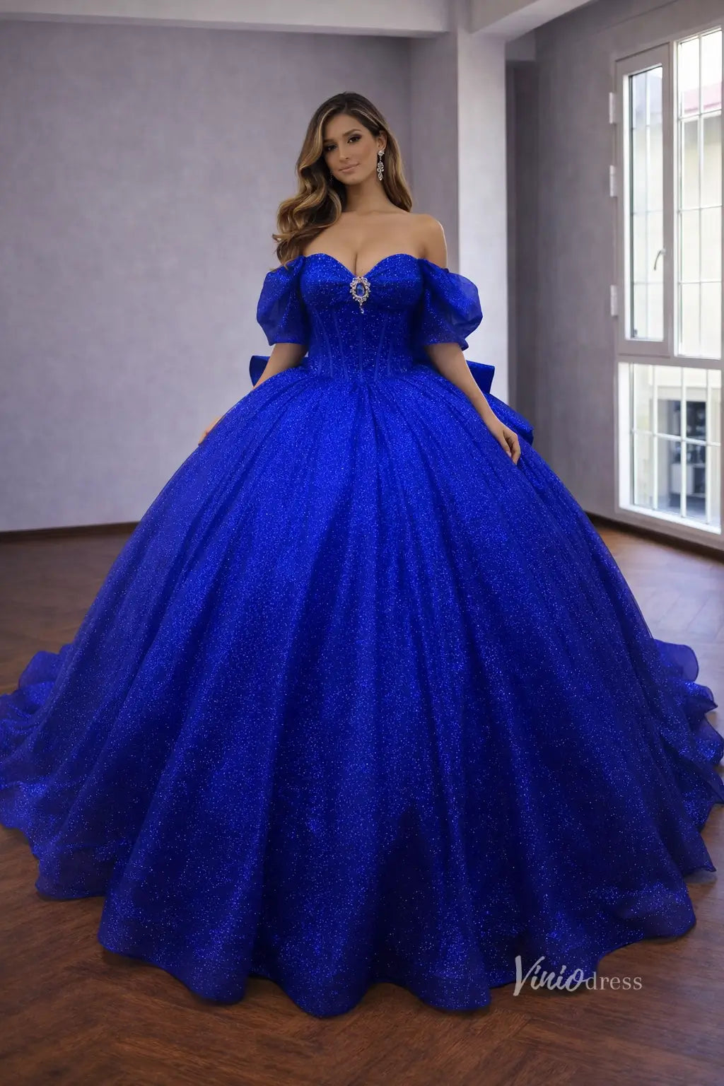 Royal Blue Glitter Quinceañera Ball Gown Dress with Sweetheart Corset Bodice, Bow Back & Chapel Train – QC018-Quinceanera Dresses 2026-Viniodress-Royal Blue-Custom Size – Add Measurements in Cart-