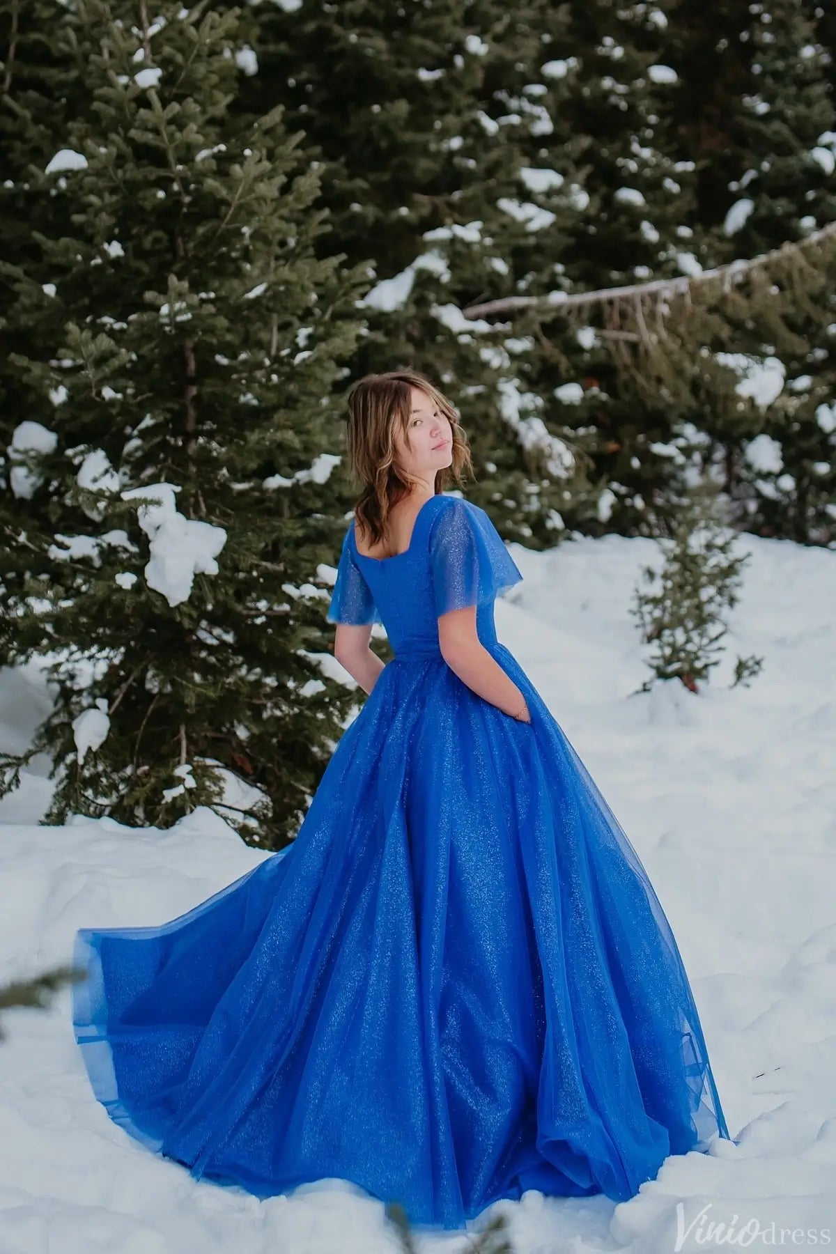 Royal Blue Glitter Tulle Ball Gown with Square Neckline, Flutter Sleeves & Pockets – AE1008-prom dresses 2025 -Viniodress-Royal Blue-Custom Size-