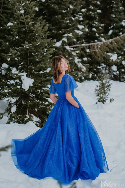Royal Blue Glitter Tulle Ball Gown with Square Neckline, Flutter Sleeves & Pockets – AE1008-prom dresses 2025 -Viniodress-Royal Blue-Custom Size-