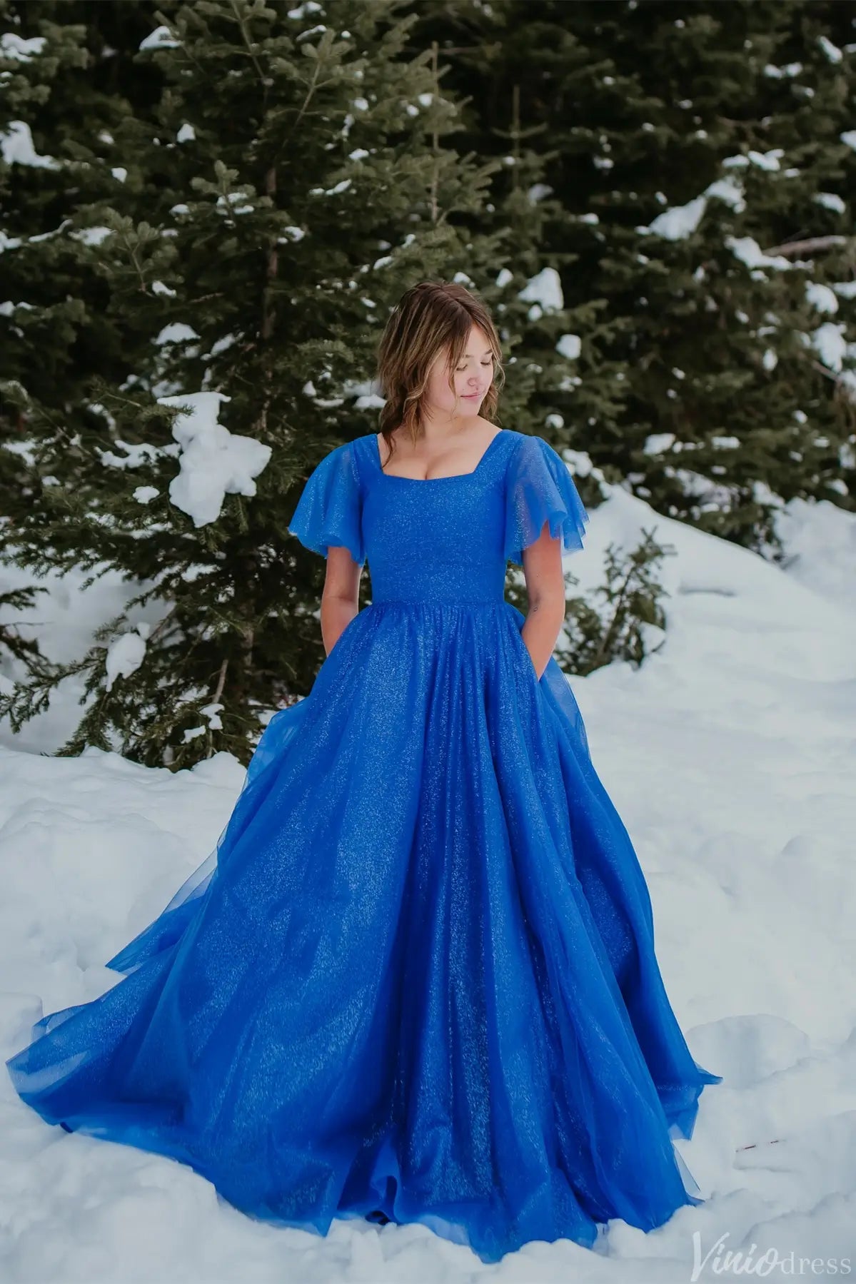 Royal Blue Glitter Tulle Ball Gown with Square Neckline, Flutter Sleeves & Pockets – AE1008-prom dresses 2025 -Viniodress-Royal Blue-Custom Size-